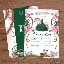 Emerald Green Pink Rose Charro Western Quinceañera Kaart