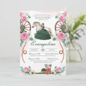 Emerald Green Pink Rose Rustic Charro Quinceañera Kaart (Staand voorkant)