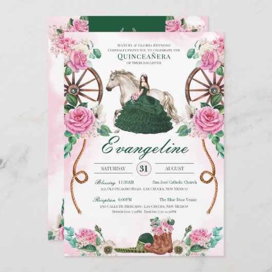 Emerald Green Pink Rose Rustic Charro Quinceañera Kaart (Voorkant / Achterkant)