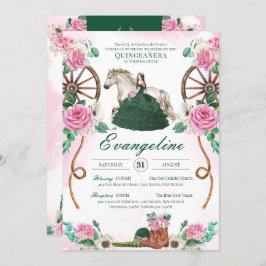 Emerald Green Pink Rose Rustic Charro Quinceañera Kaart