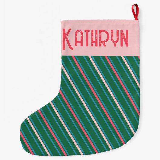 Emerald Green Pink Stripe Girls Grote Kerstsok (Achterkant)