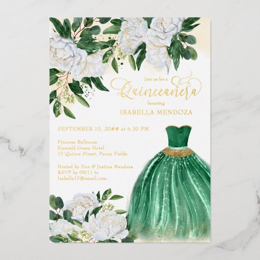 Emerald Green Princess Quinceanera Gold Folie Uitnodiging (Voorkant)