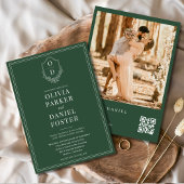 Emerald Green QR Code Elegant Crest Photo Wedding Kaart