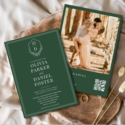 Emerald Green QR Code Elegant Crest Photo Wedding Kaart