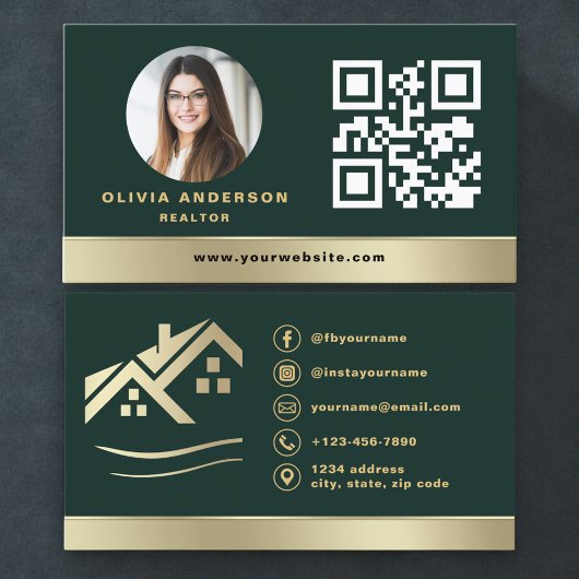 Emerald Green QR Code Gold House Real Estate Visitekaartje