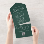 Emerald Green QR-code Script Minimalistische Trouw All In One Uitnodiging (Afscheurbaar)