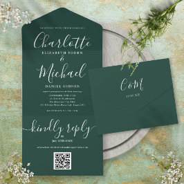Emerald Green QR-code Script Minimalistische Trouw All In One Uitnodiging