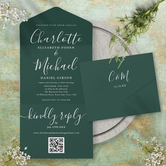 Emerald Green QR-code Script Minimalistische Trouw All In One Uitnodiging