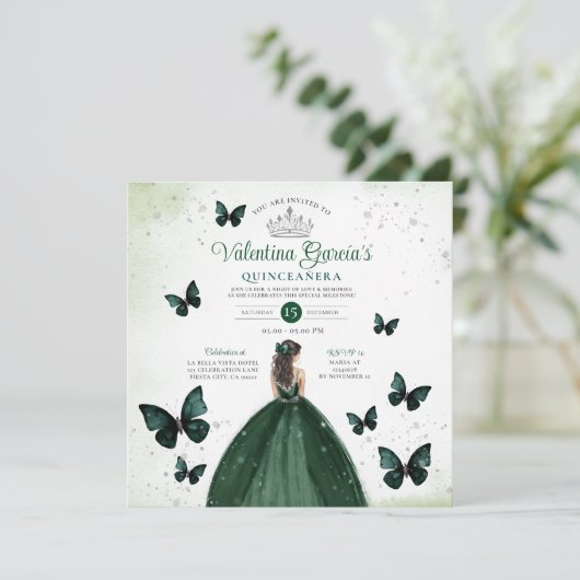 Emerald Green Quinceañera 15 Anos Bloemen Zilver Kaart (Staand voorkant)