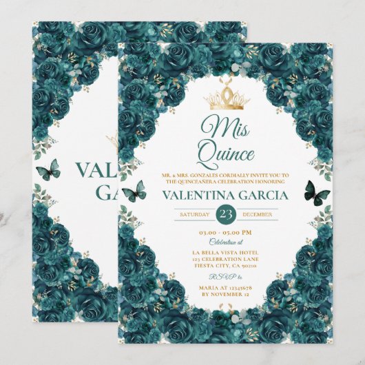 Emerald Green Quinceañera 15 Anos Floral Crown Kaart (Voorkant / Achterkant)