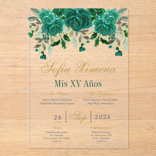 Emerald Green Quinceanera Acryl Uitnodigingen (Voorkant)