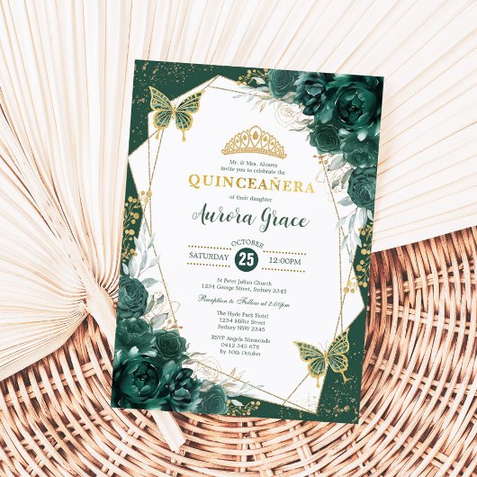 Emerald Green Quinceañera Butterflies Mis Quince Kaart
