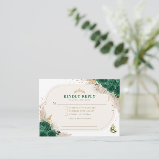 Emerald Green Quinceanera Crown Princess RSVP Informatiekaartje (Staand voorkant)