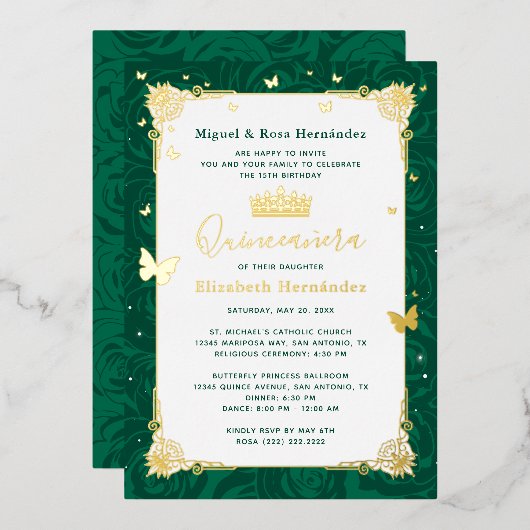 Emerald Green Quinceañera Elegant Butterfly Folie Uitnodiging (Voorkant / Achterkant)