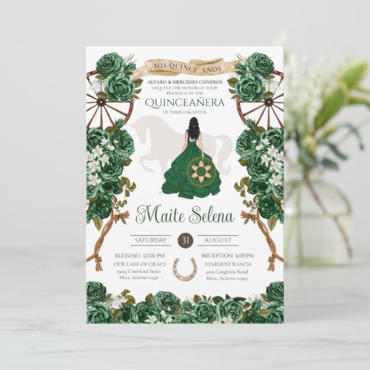Emerald Green Quinceanera Elegant Roos Charro Kaart (Staand voorkant)