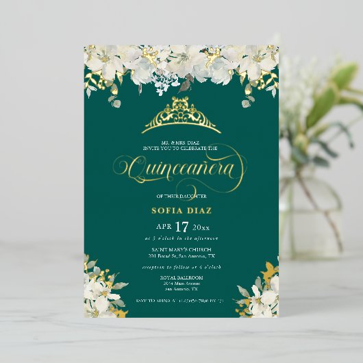Emerald Green Quinceañera Floral Gold Folie Uitnodiging (Staand Voorkant)
