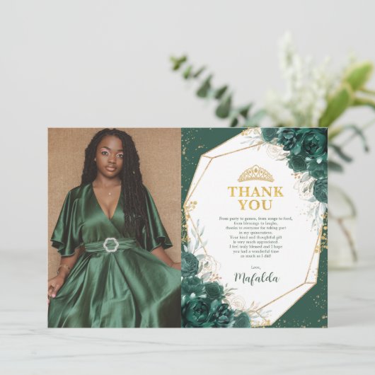 Emerald Green Quinceañera Foto bedankt Kaart (Staand voorkant)