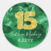 Emerald Green Quinceanera Gold #15 Ronde Sticker (Voorkant)
