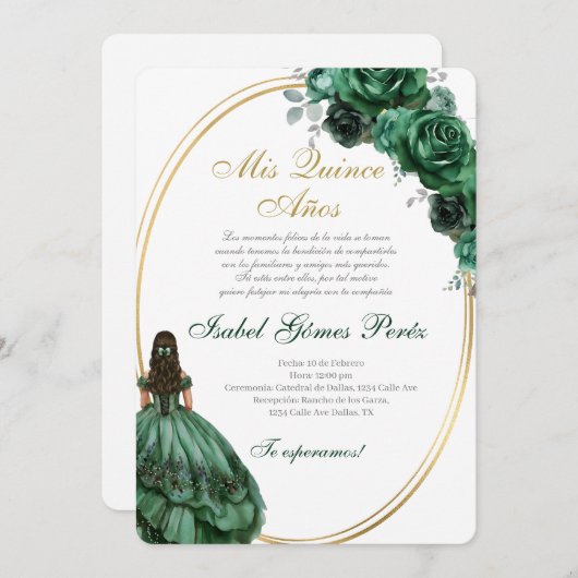 Emerald Green Quinceanera invitation in Spanish Kaart (Voorkant / Achterkant)