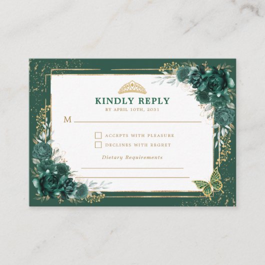 Emerald Green Quinceanera Mis Quince 15 Anos RSVP Informatiekaartje (Voorkant)