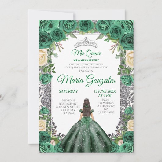 Emerald Green Quinceanera Silver Crown Glitter Kaart (Voorkant)