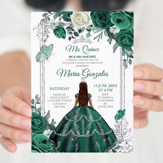 Emerald Green Quinceanera Silver Crown Glitter Kaart