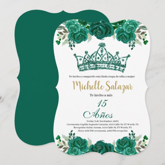 Emerald Green Quinceanera uitnodiging (Voorkant / Achterkant)