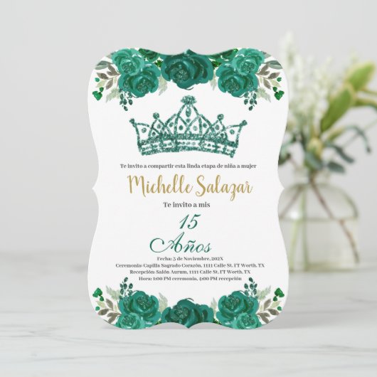 Emerald Green Quinceanera uitnodiging (Staand voorkant)