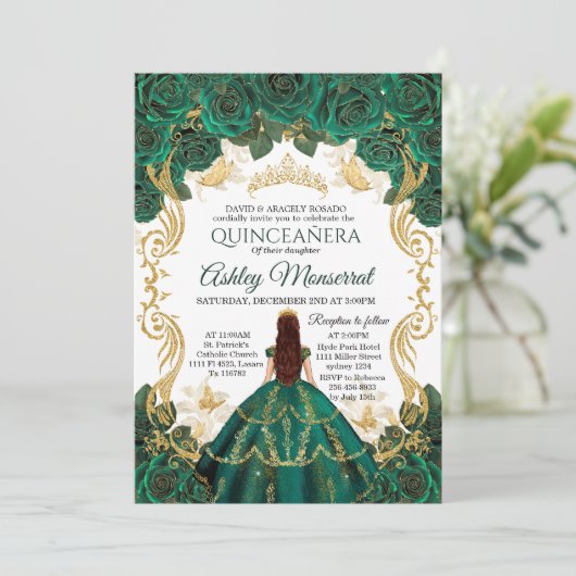 Emerald Green Quinceañera uitnodiging | gouden kro (Staand voorkant)