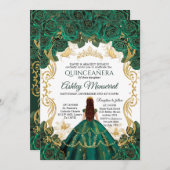Emerald Green Quinceañera uitnodiging | gouden kro (Voorkant / Achterkant)