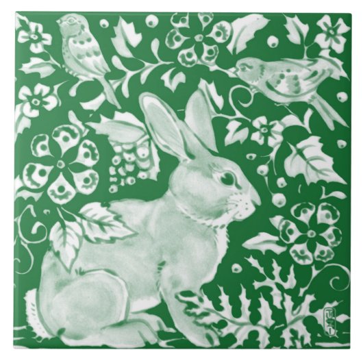 Emerald Green Rabbit Bird Woodland Floral Art Tegeltje (Voorkant)