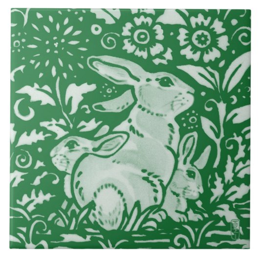 Emerald Green Rabbit mama Family Chinoiserie Flora Tegeltje (Voorkant)