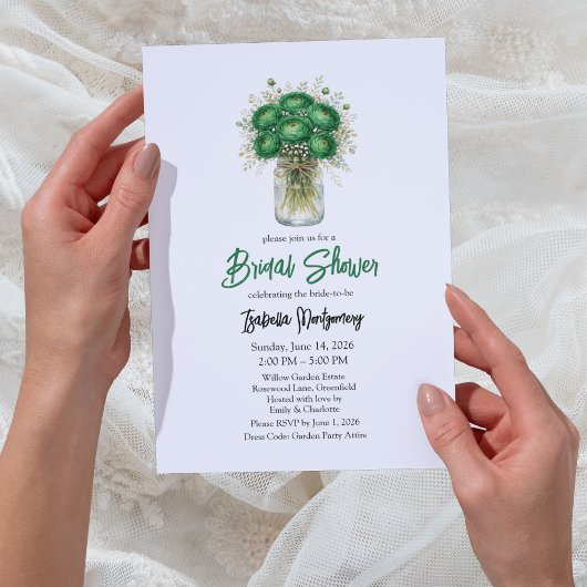 Emerald Green Ranunculus Mason Jar Bridal Shower Kaart