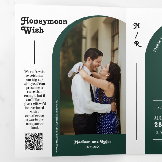 Emerald Green Retro Arch Foto QR Code Weddenschap Drieluik Uitnodiging (Binnenzijde eerst)
