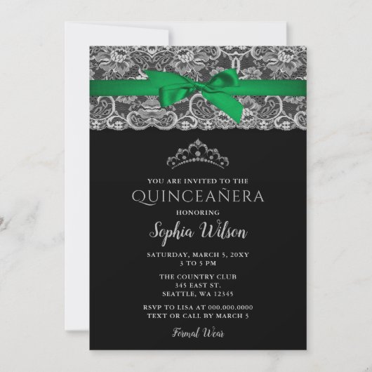 Emerald Green Ribbon Lace Quinceañera Kaart (Voorkant)