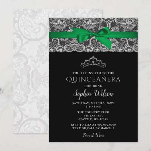 Emerald Green Ribbon Lace Quinceañera Kaart (Voorkant / Achterkant)