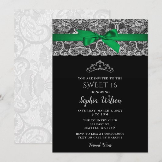  Emerald Green Ribbon Lace Sweet 16 Kaart (Voorkant / Achterkant)