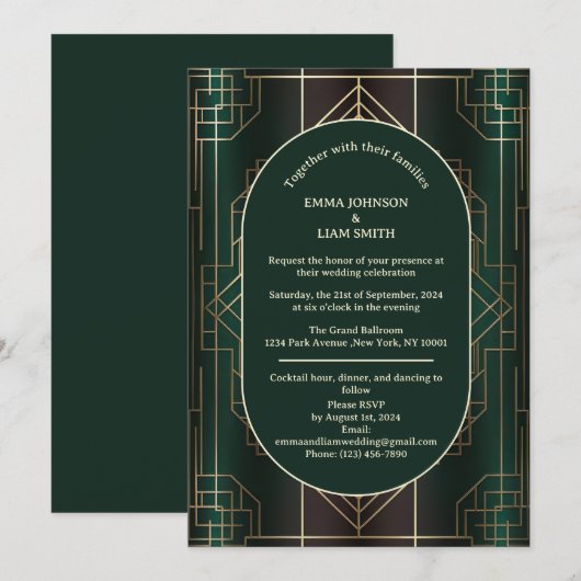 Emerald Green Roaring 20s huwelijksuitnodiging Kaart (Voorkant / Achterkant)