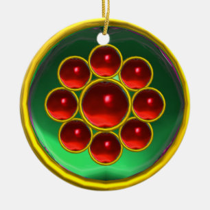 EMERALD GREEN; RODE RUBY GEMSTONE MON KERAMISCH ORNAMENT