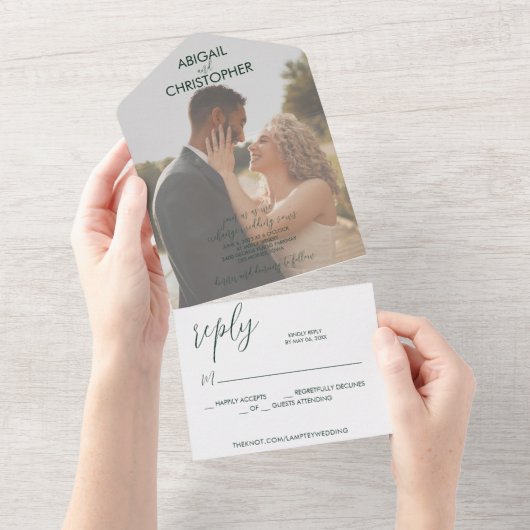 Emerald Green Romantic Photo Wedding All In One Uitnodiging (Afscheurbaar)