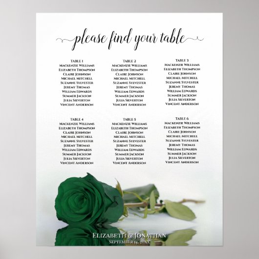 Emerald Green Roos 6 Table Wedding Seating Chart Poster (Voorkant)