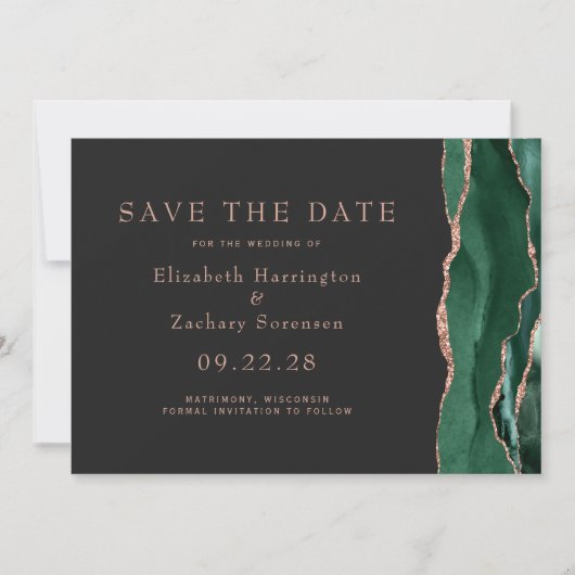 Emerald Green Roos Gold Agaat Dark Save the Date Kaart (Voorkant)