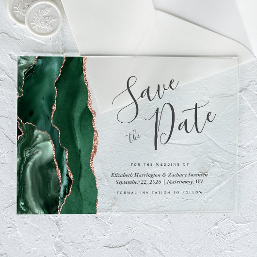 Emerald Green Roos Gold Agaat Save the Date Kaart Acryl Uitnodigingen