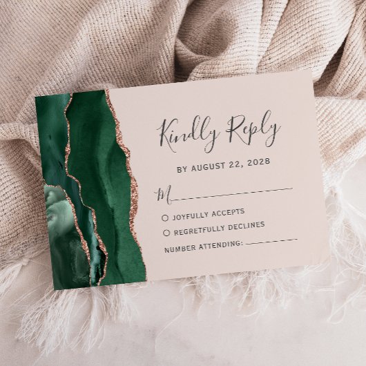 Emerald Green Roos Gold Agate Blush Pink Wedding RSVP Kaartje