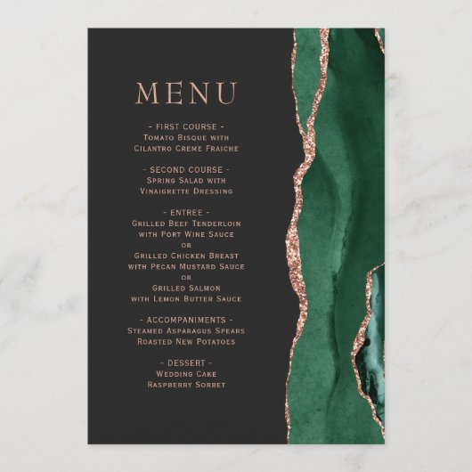 Emerald Green Roos Gold Agate Dark Wedding Menu (Voorkant)