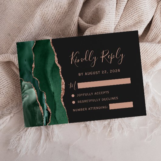 Emerald Green Roos Gold Agate Dark Wedding RSVP Kaartje