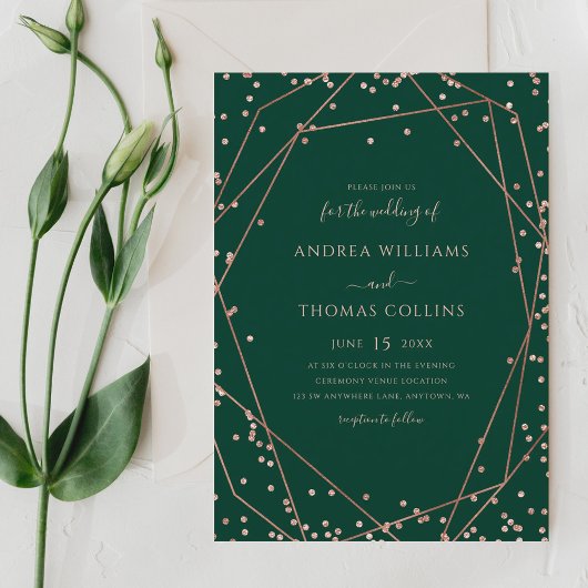 Emerald Green Roos Gold Glitter Geometric Wedding Kaart