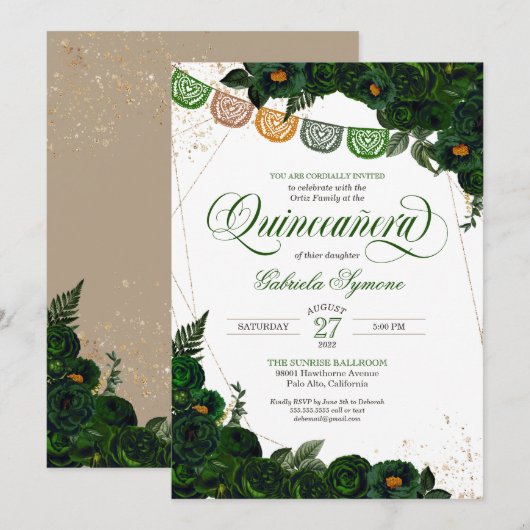 Emerald Green Roos & Gold Papel Picado Quinceañera Kaart (Voorkant / Achterkant)