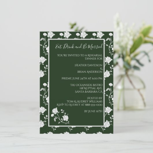 Emerald Green Roos Rehearsal Dinner Invitation Kaart (Staand voorkant)
