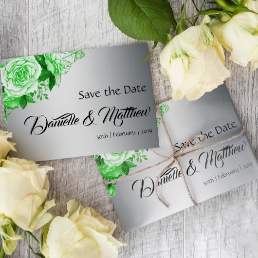 Emerald Green Rose Bouquet over het zilveren huwel Aankondigingskaart